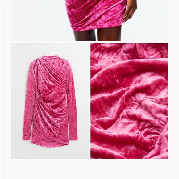 H&M Studio Velvet Pink Long Sleeve Dress Draped Velour - Picture 7 of 9